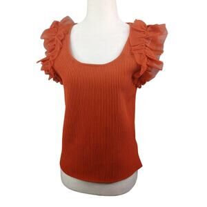 BAILEY 44 Women Jenna Knit Ruffle Sleeve Top Large Burnt Orange Luxury Designer